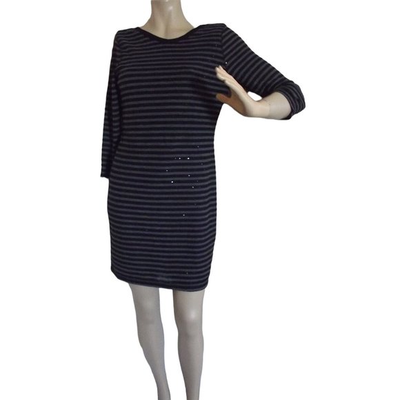 Express M Gray Black Striped Sequined Shift Sweater Dress sequins scoop back - Picture 1 of 6